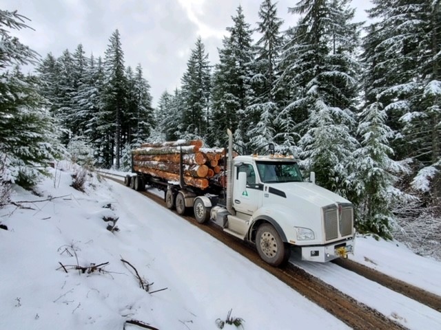 Weyerhaeuser timber truck negotiating snowy roads.