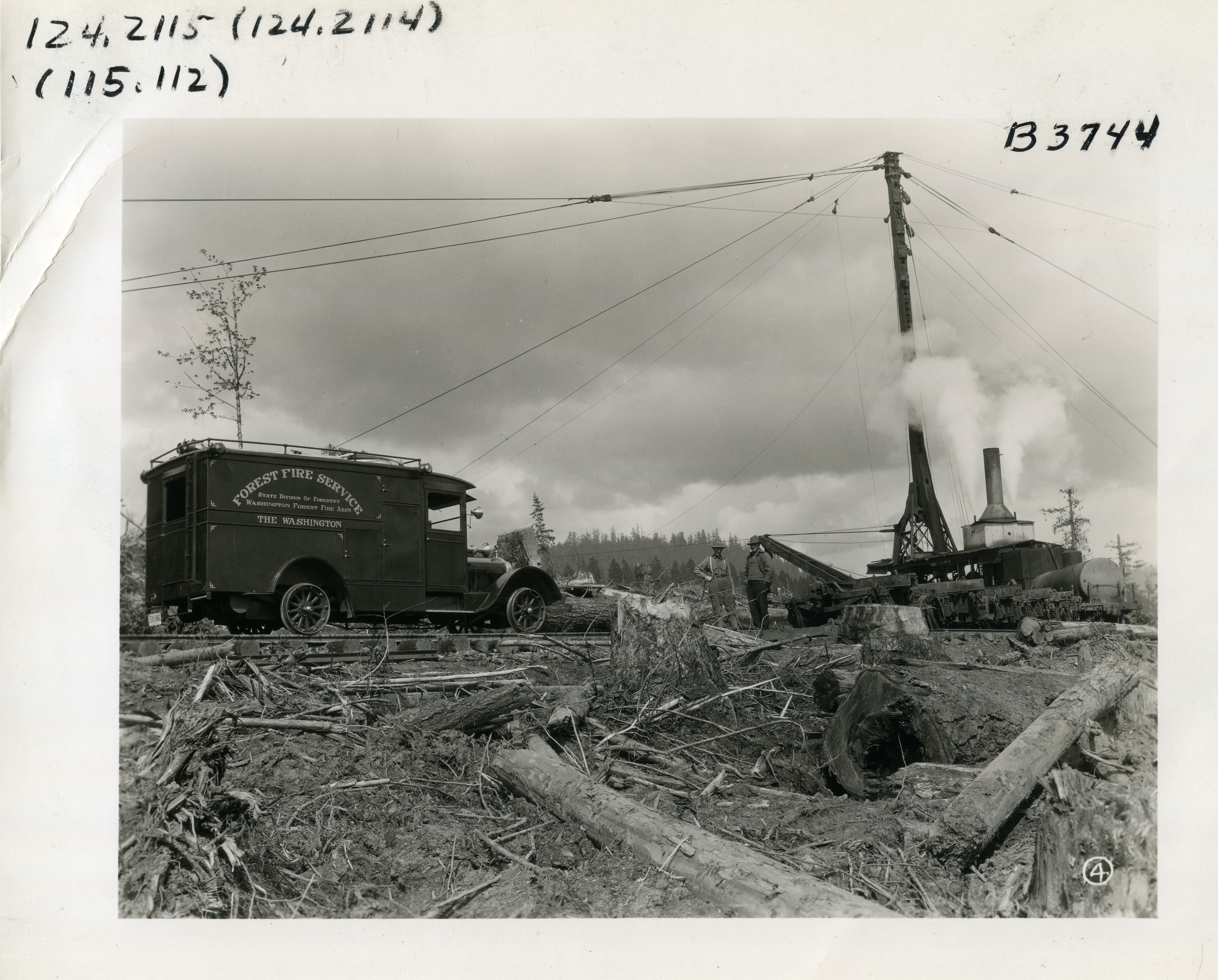 Image of an early Washington Forest Service truck near a spar tree.