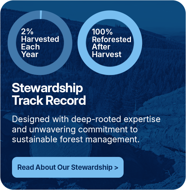 Stewardship Track Record - Designed with deep-rooted expertise and unwavering commitment to sustainable forest management. 2% Harvested Each Year, 100% Reforested After Harvest.