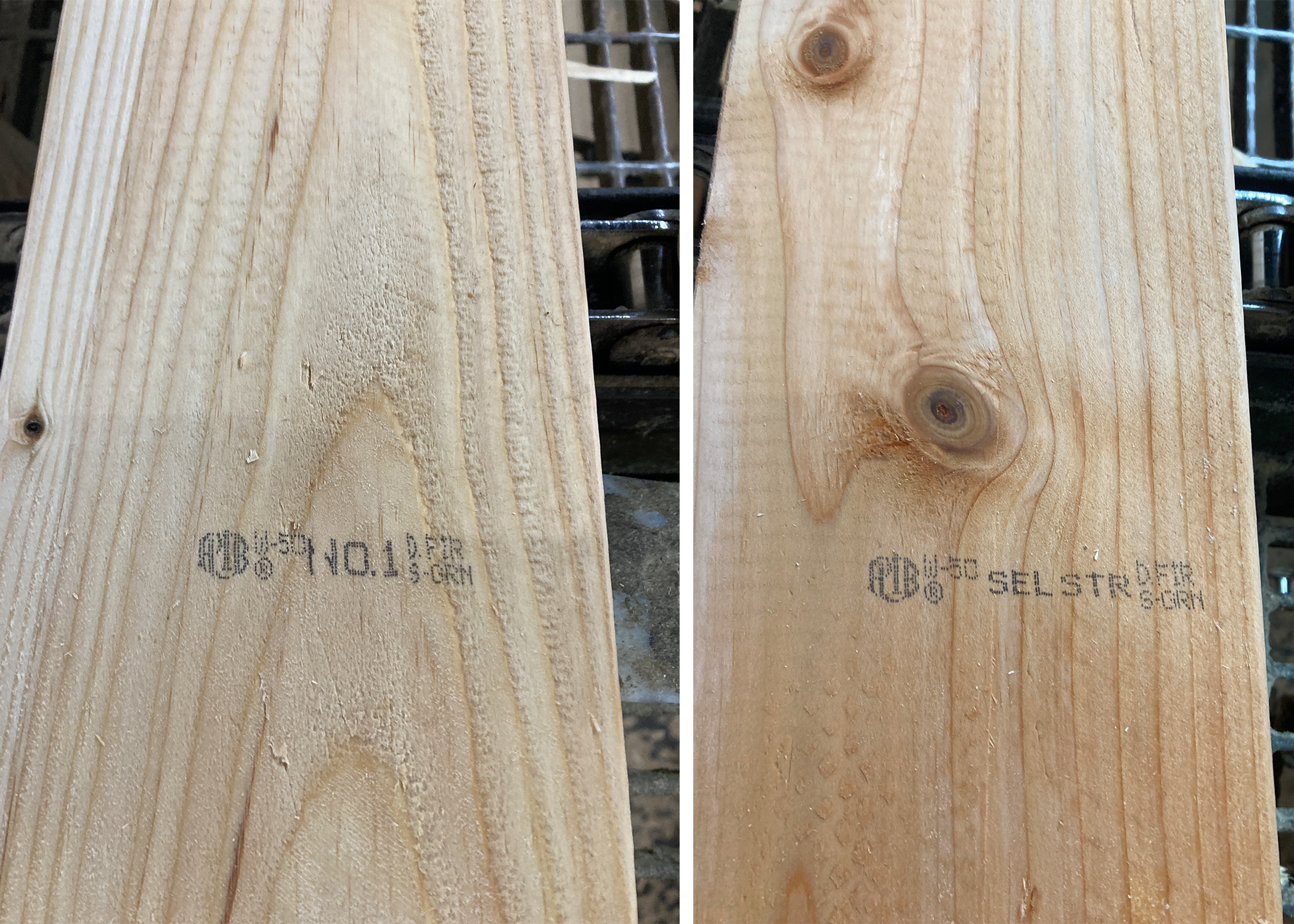 Image of pieces of Douglas-fir lumber from our sawmill in Longview, Wash., showing standards grade stamps.