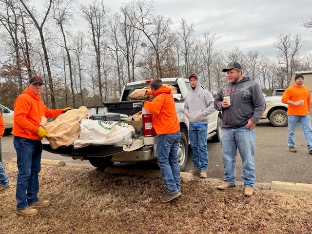 Image of Arkansas-Oklahoma Timberlands team members prepping for a day of planting trees in the Idabel neighborhood following a November 2022 tornado.