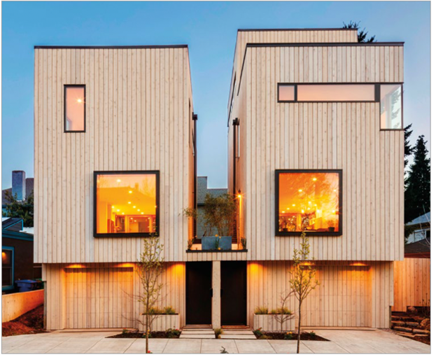 Image of the exterior of a modern home, built with wood.