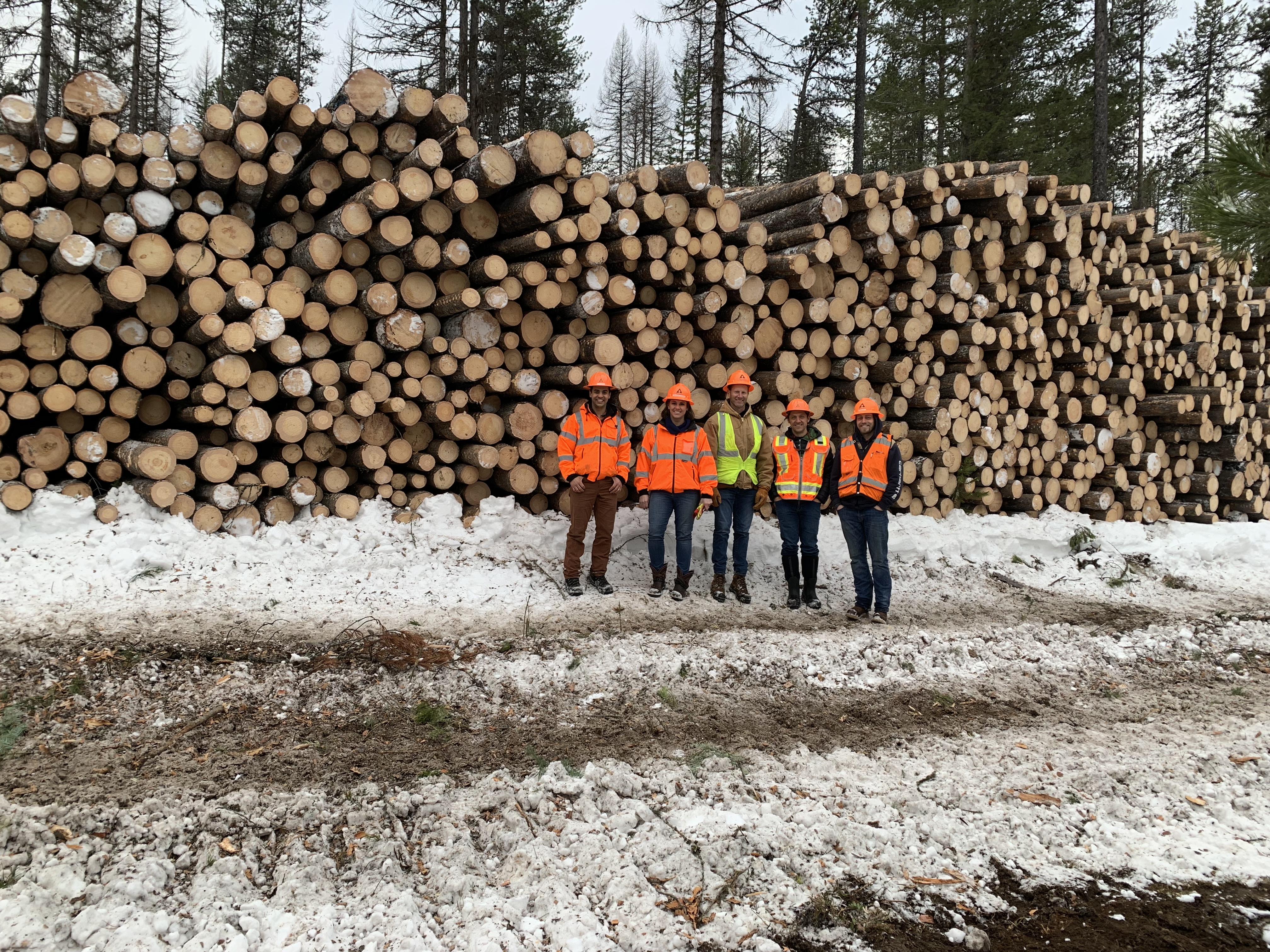 Image of Jared Richardson and team members visiting a harvest site in Coram, Montana.