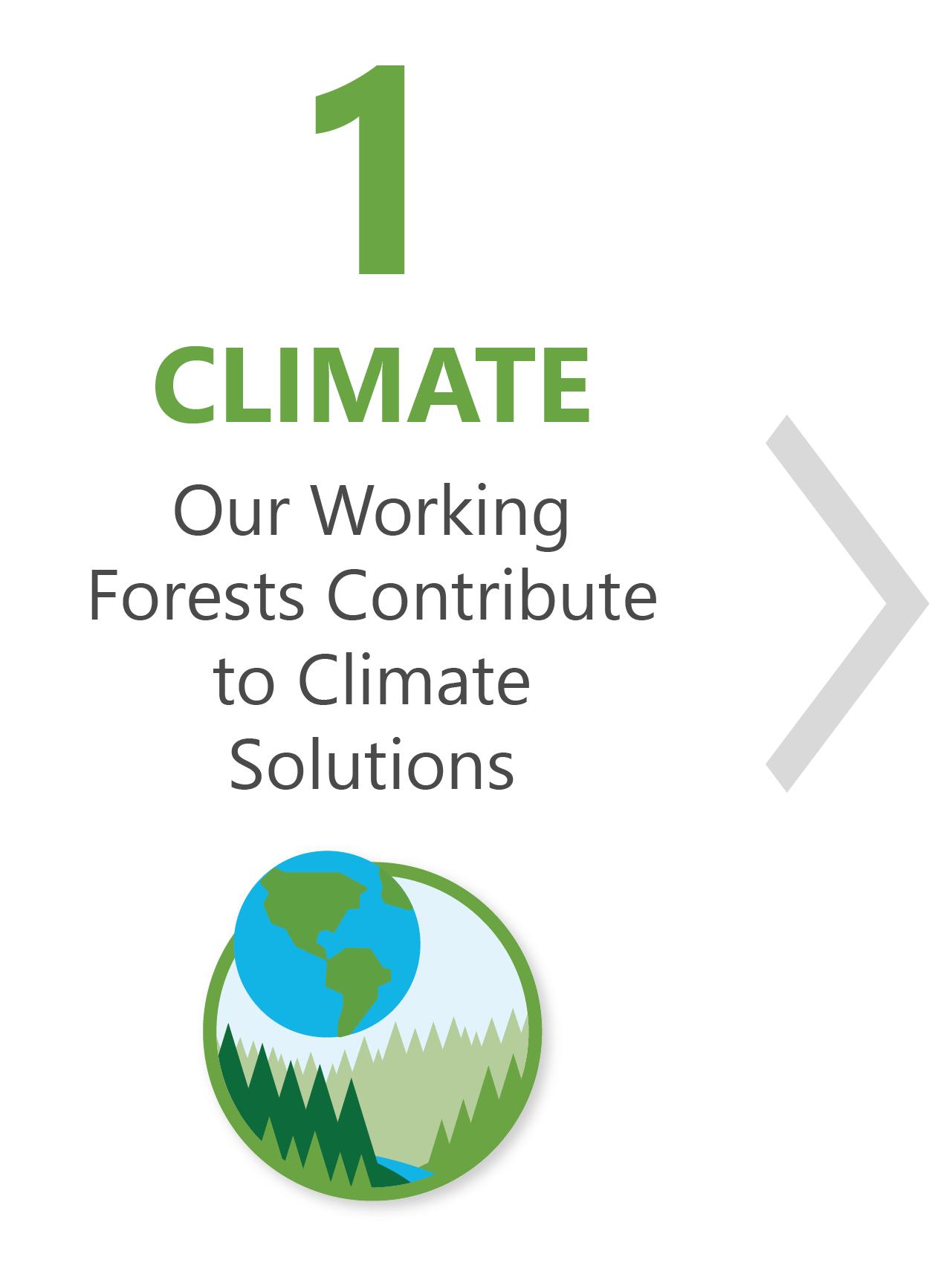 Icon and graphic for Our Working Forests Contribute to Climate Change Solutions, showing a globe overlaid over graphic of forests.