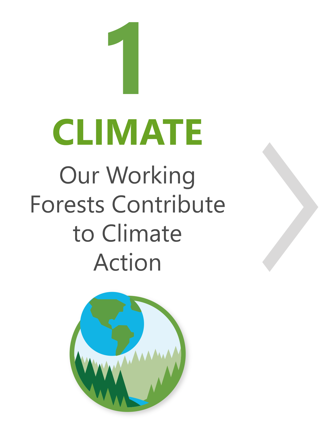 Icon and graphic for Our Working Forests Contribute to Climate Change Solutions, showing a globe overlaid over graphic of forests.