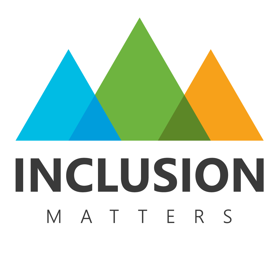 Inclusion Matters graphic showing three peaks in blue, green and orange with each overlapping over the next.