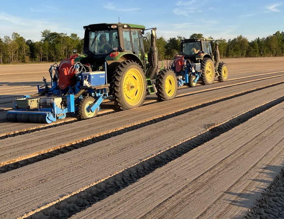 Image of Cory Johnson from Magnolia and Jazmine McGinniss from Aiken operating vacuum sowers to plant seeds into the bed top.
