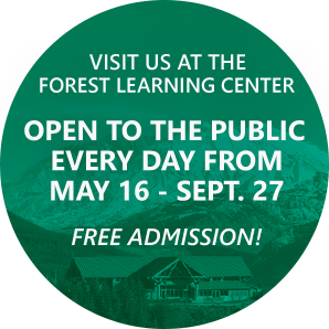 Forest Learning Center 2026 Hours. The graphic is a green background with an image of the Forest Learning Center with white text, which says the Forest Learning Center is open to the public every day from May 18 through September 25, with free admission.