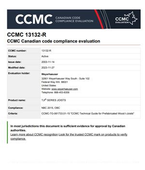 Canadian CCMC ER No. 13132-R (Evaluated by CCMC)