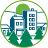Image showing that wood meets green building requirements. The logo shows buildings in a pastoral setting with the sun in the sky.