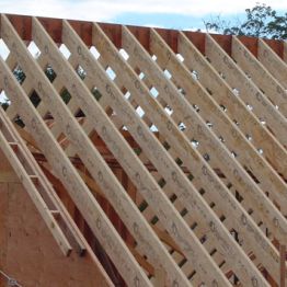 Image of a framed roof using TimberStrand LSL roof framing.