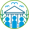 Icon for Solid ESG Foundation showing three blue figures standing in front of a building with trees on the sides.