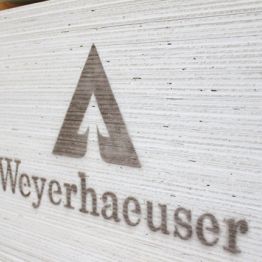 Image showing a stack of Douglas-fir/larch plywood with a Weyerhaeuser logo visible.