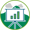 Icon for Reports and Highlights with an easle and a report in the foreground in front of a green mountain.