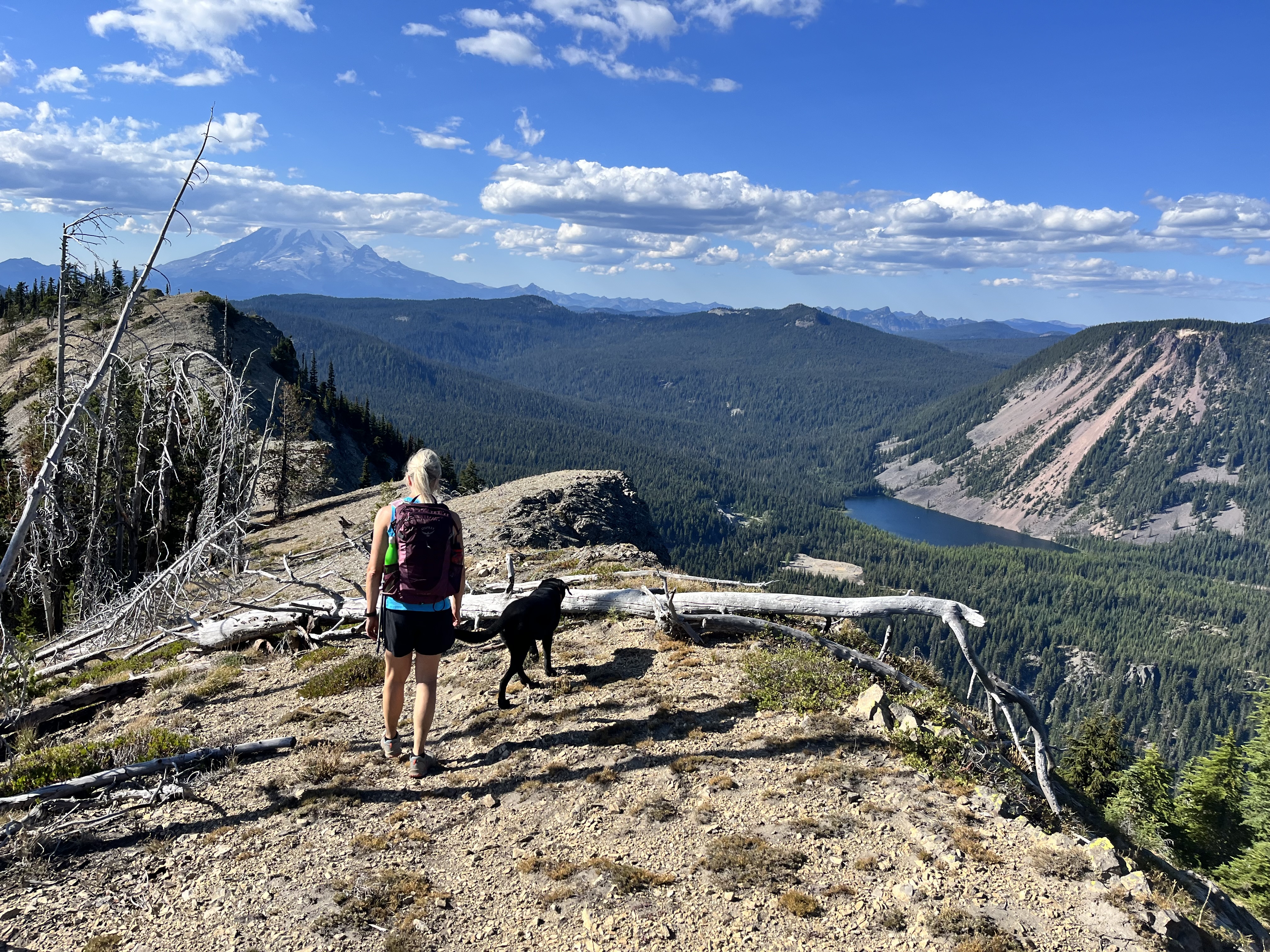 Image of Michelle approaching a cliff with her dog Jake. Michelle's back is to the camera. She is wearing a backpack and green tank top. Jake is a mid-sized black dog.