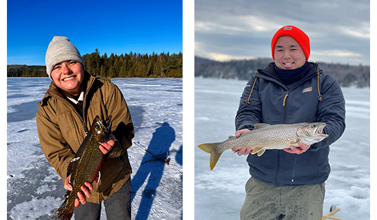 Image of Cullen, right, and his girlfriend Gillian, left, showing off some trout they caught on Weyerhaeuser land.