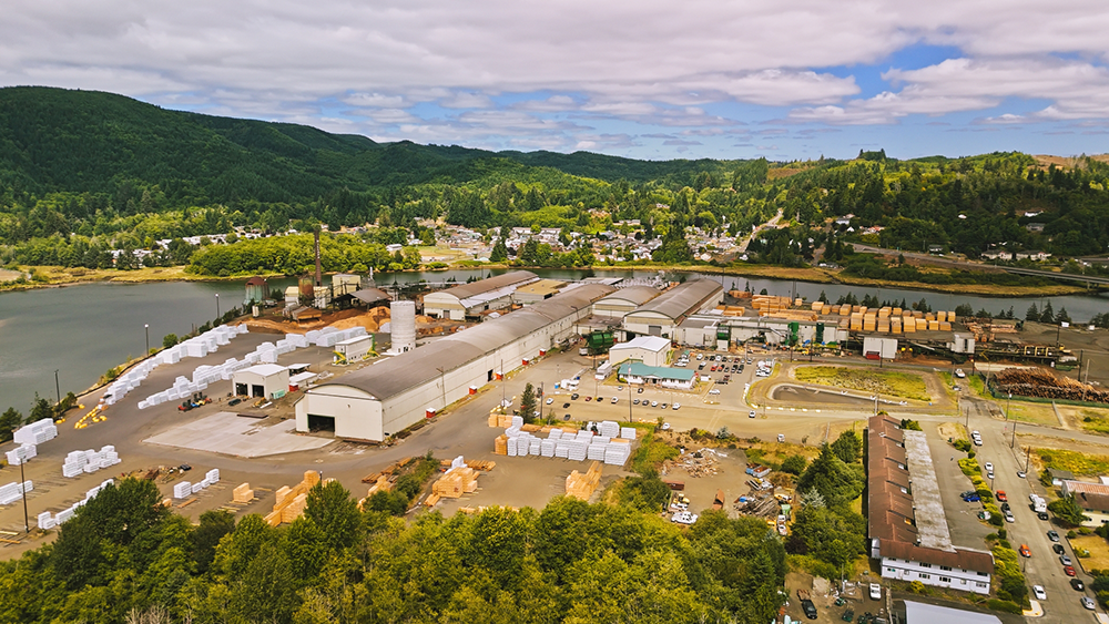 An overhead view via drone of Raymond, Washington.