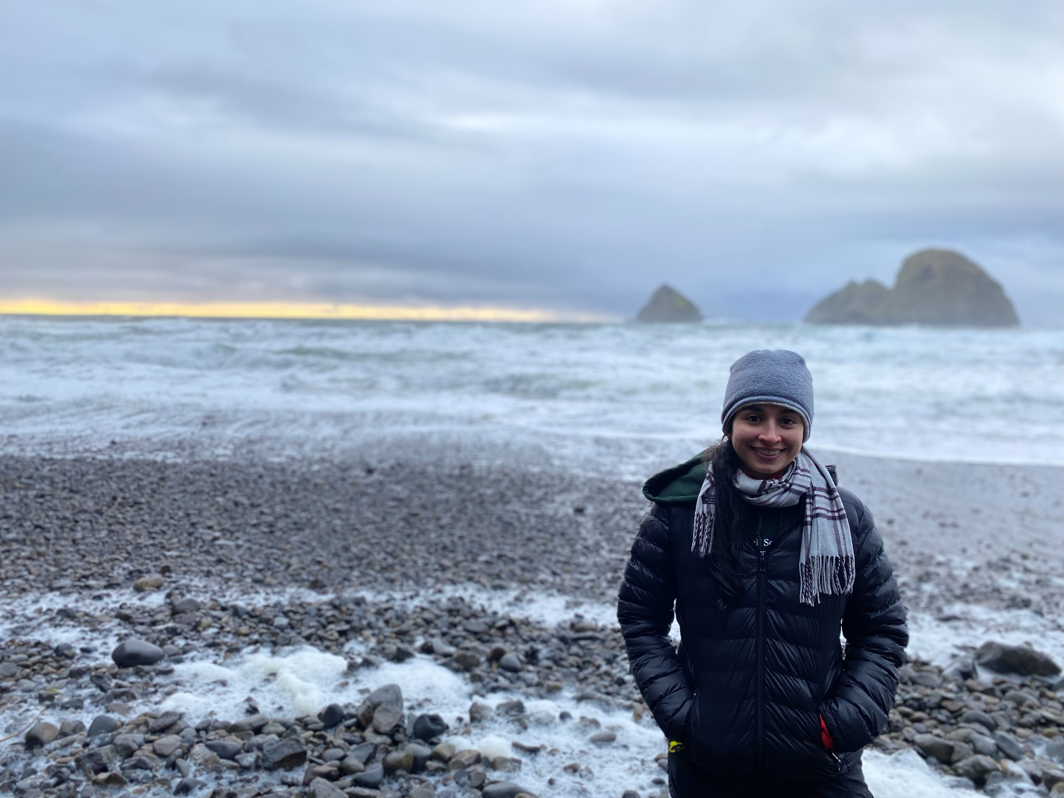 Image of Laura on a visit to the Oregon coast in December 2022.