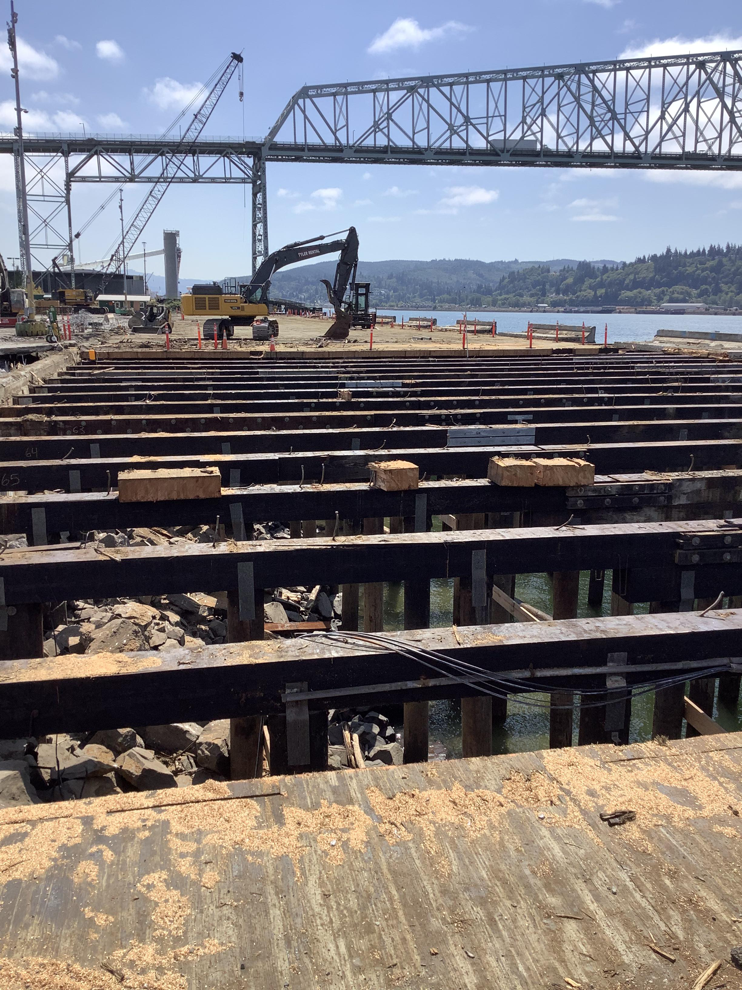 Image of exposed pilings during the construction period.