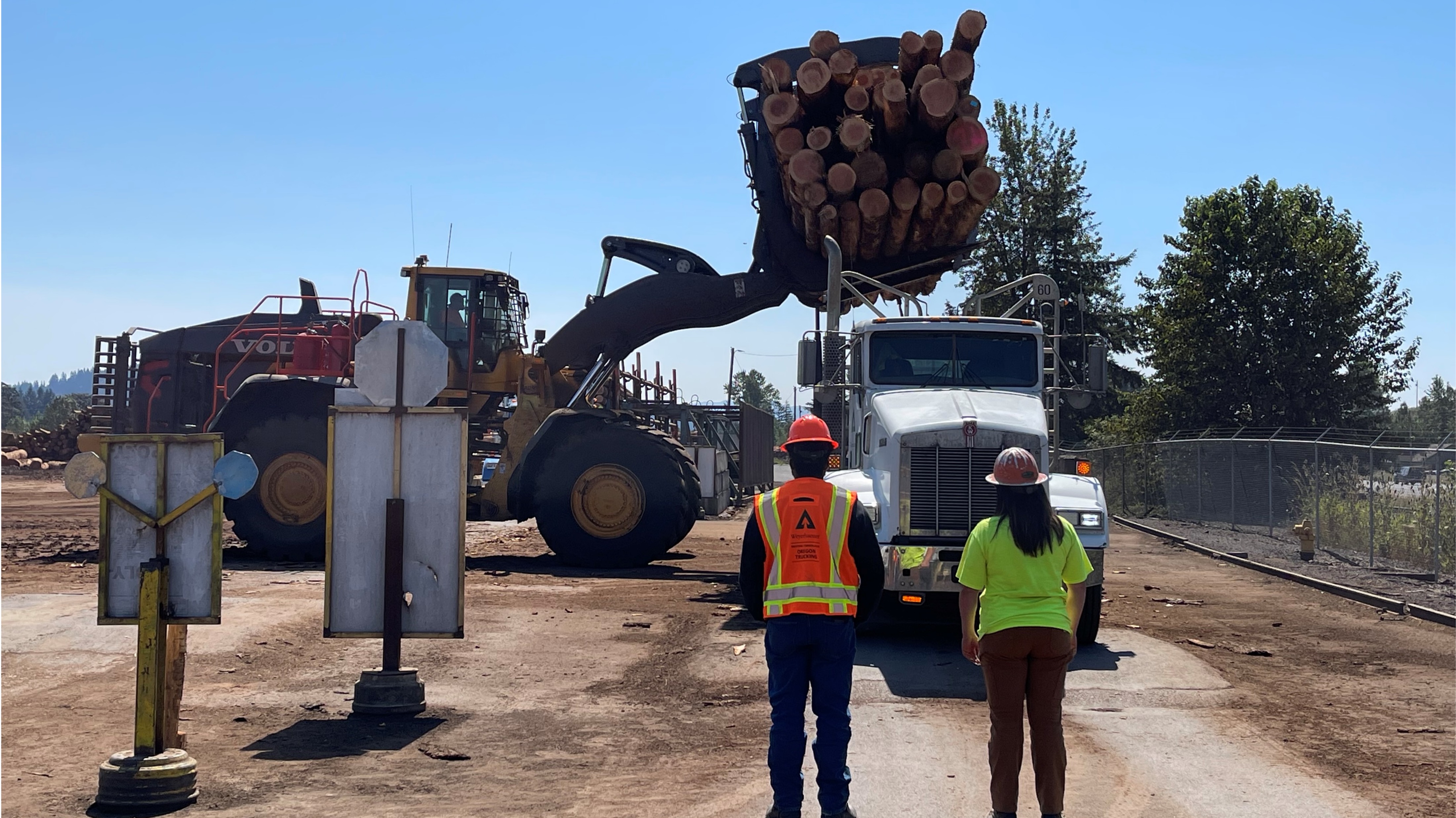 Image of Danny and Leesha observing logs being unloaded at the Santiam mill.