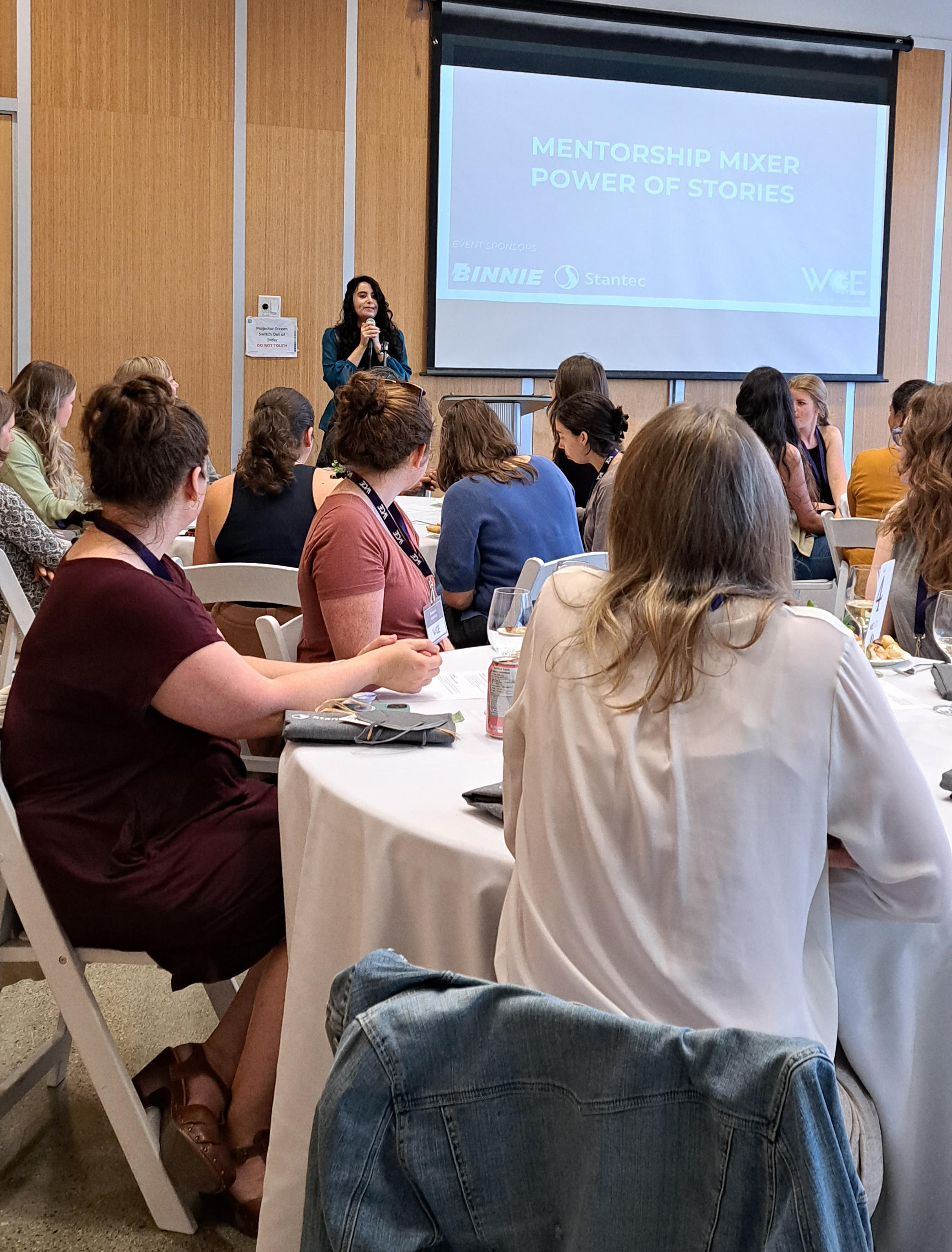Image of Neda speaking to a large group of women with a screen next to her that says "Mentorship Mixer Power of Stories."