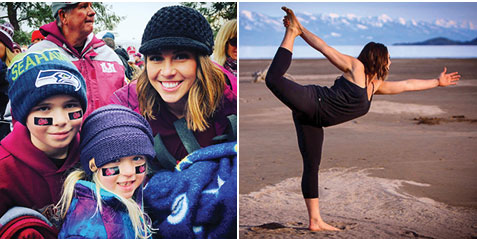 Left: Shauna and her son, Braylon, and daughter, Grace, root on the Grizzlies at a University of Montana football game. Right: Shauna practices and teaches yoga. It keeps her body limber and her mind still, she says.