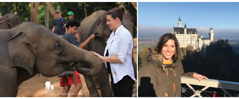 Left: An elephant greets Shauna in Thailand. In addition to safety, travel is one of her great passions. Right: Shauna at Neuschwanstein Castle during a trip to Germany.