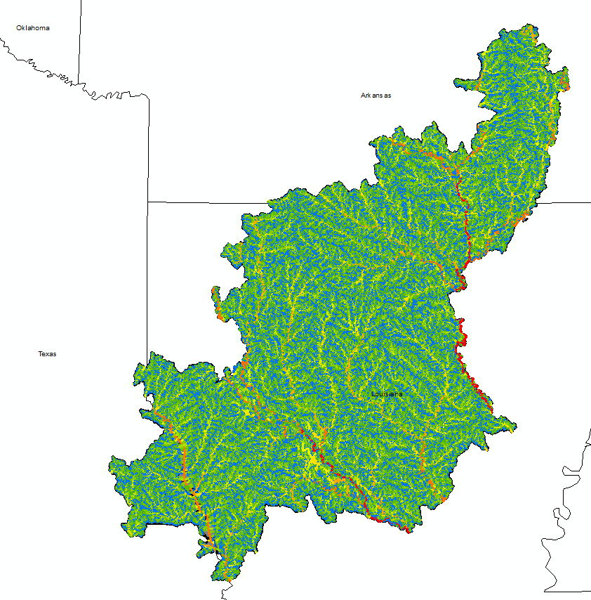 Image of Yuzhen Li's stream channel network maps for the Northern Louisiana-Arkansas Timberlands region.