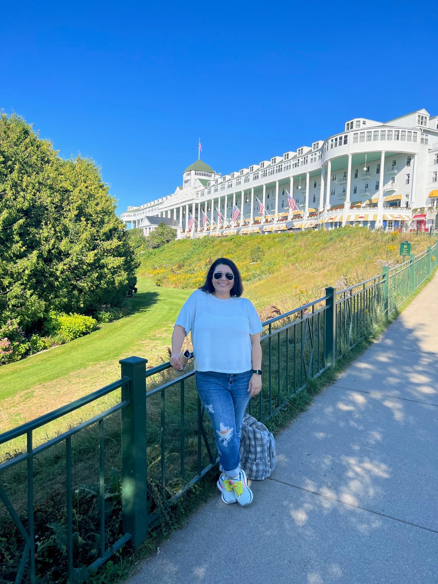Image of Stacy as she and Tim explored the Grant Hotel in Michigan's Mackinac Island.