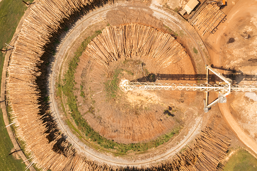 Aerial photo of the Philadelphia, Miss., timber mill with massive amounts of timber seen on the outer rim of the work area.