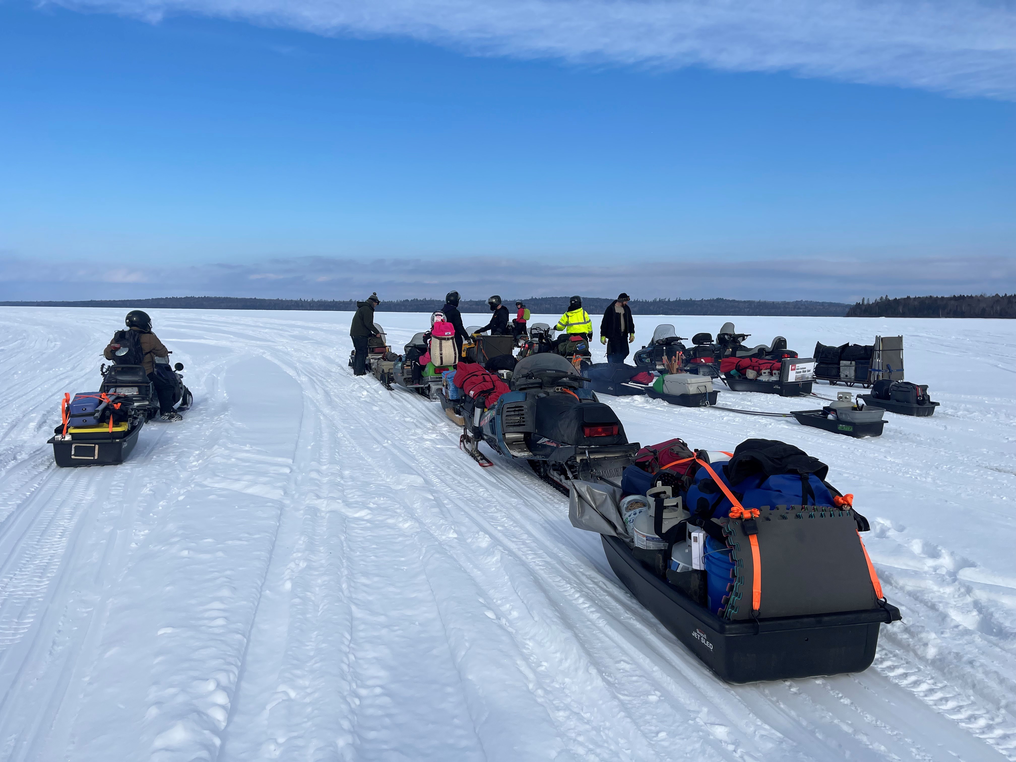 Image of Cullen and friends on Chamberlain Lake for some winter camping.