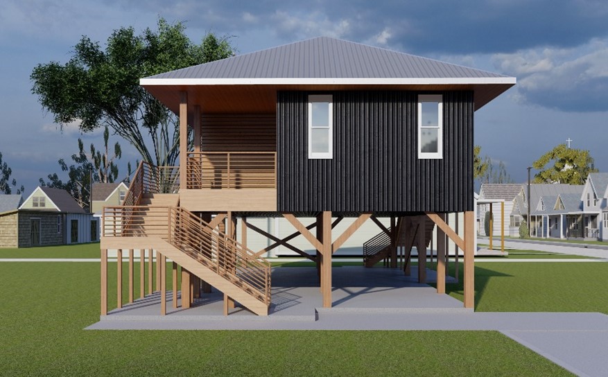 Image of a drawing of an elevated cottage home. The house is dark with brown stilts lifting the home.