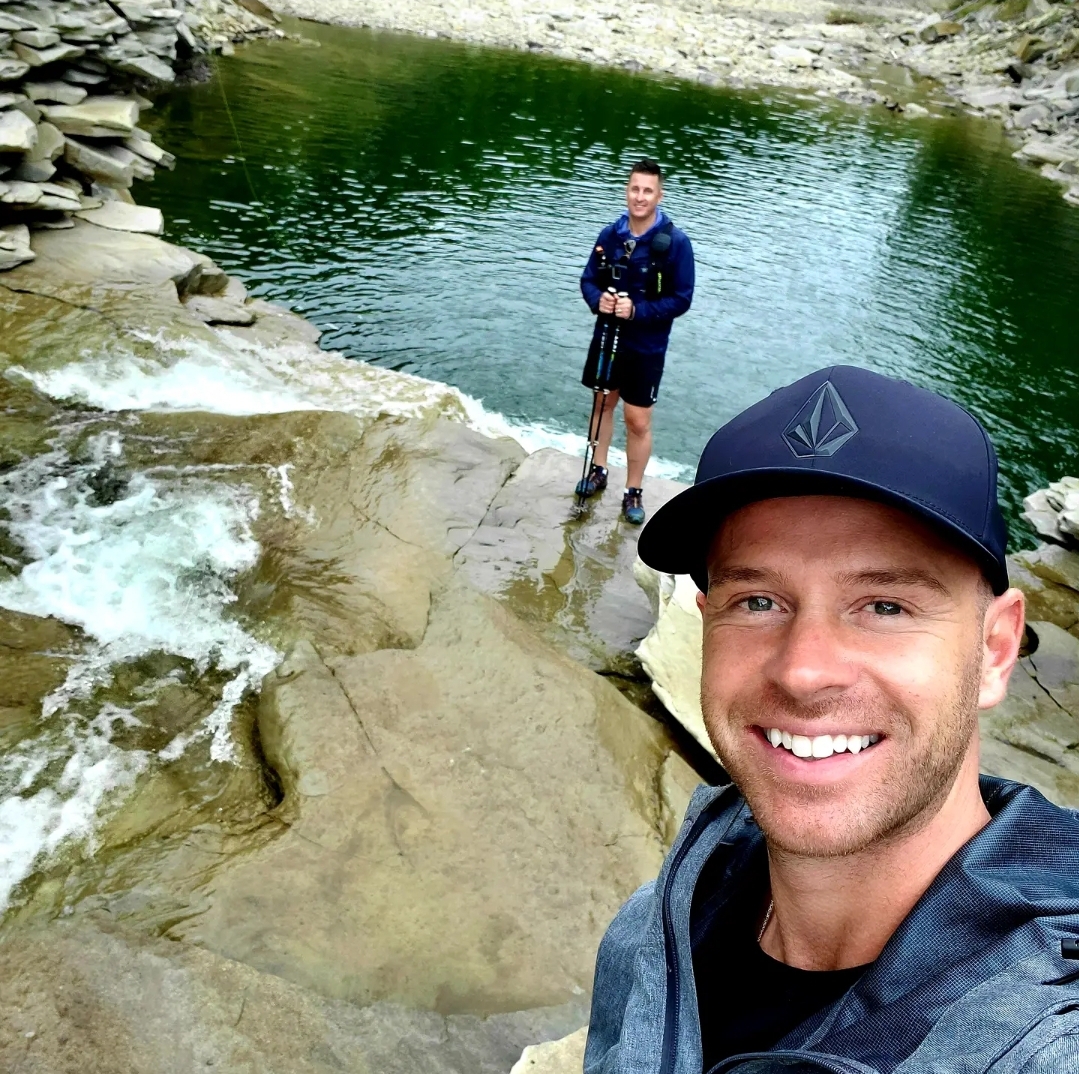 Image of Lonnie and Johnathan at Red WIllow Falls in British Columbia.