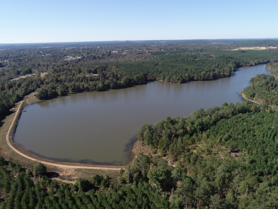 An aerial view of Dierks City Pond, a man-made reservoir created in the 1920s.