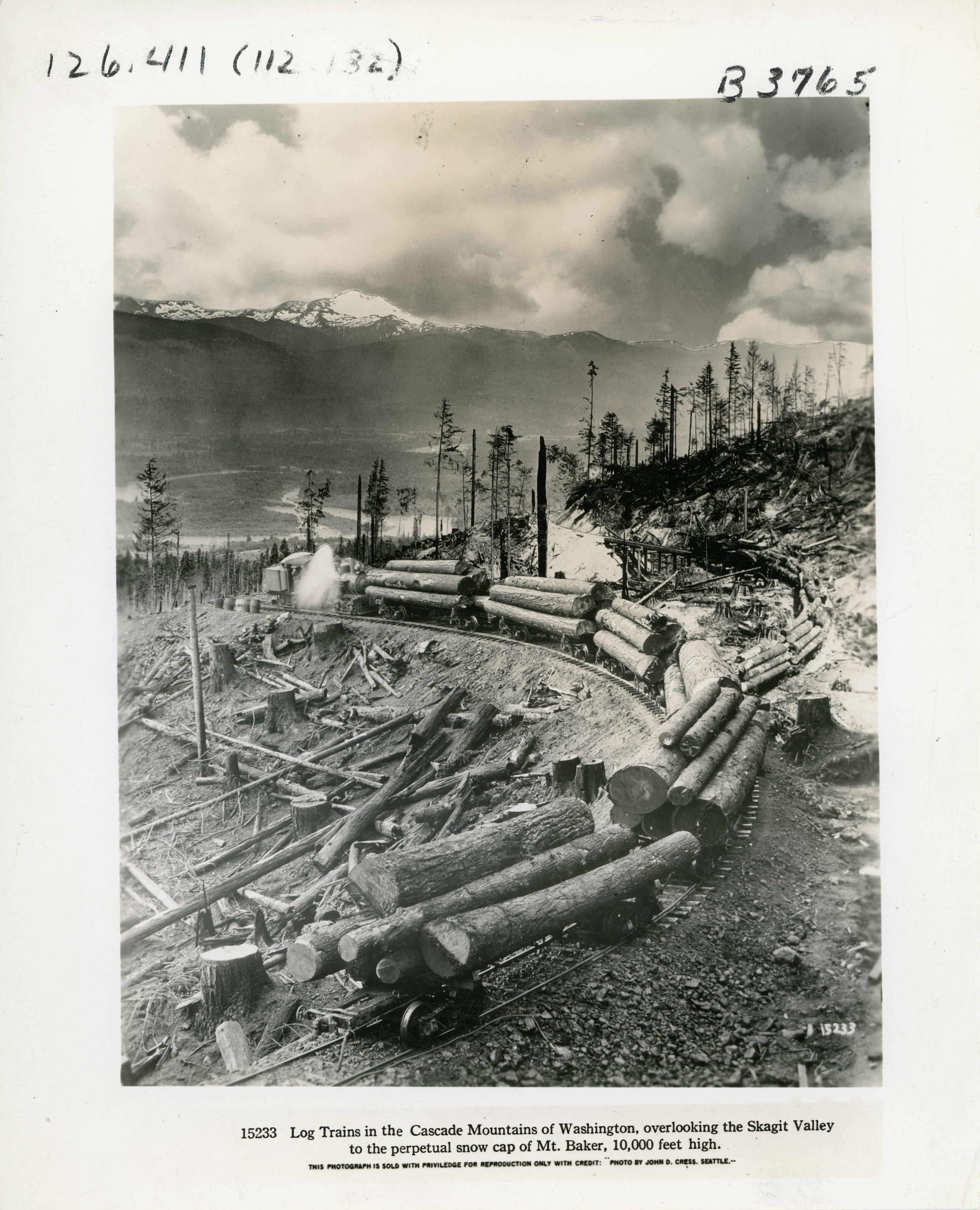 Image of a steam engine hauling logs from the woods through fire-damaged terraine.