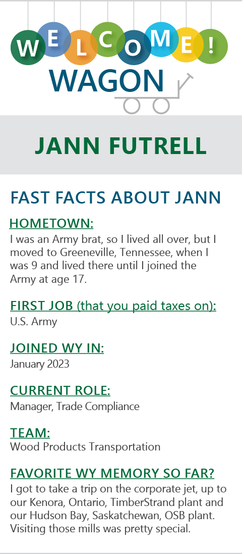 Image of Fast Facts about Jann, listing her hometown as Greenville, Tenn. Her first job was in the U.S. Army. She joined Weyerhaeuser in January 2023 as a manager of trade compliance on the Wood Products Transportation team. 