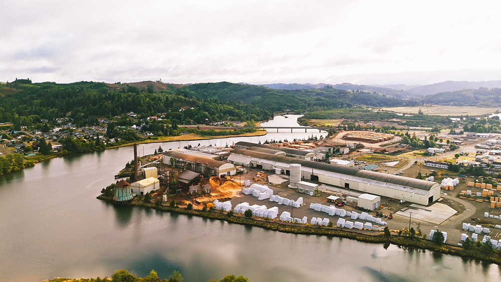 The Raymond facility is seen from the sky in a drone image.