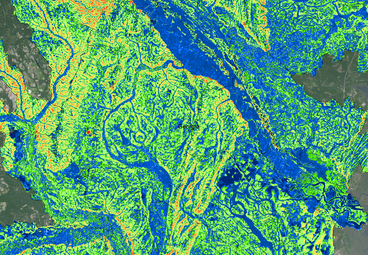 Image of an example of the Wet Area Mapping tool for a portion of the Piedmont region in Georgia.