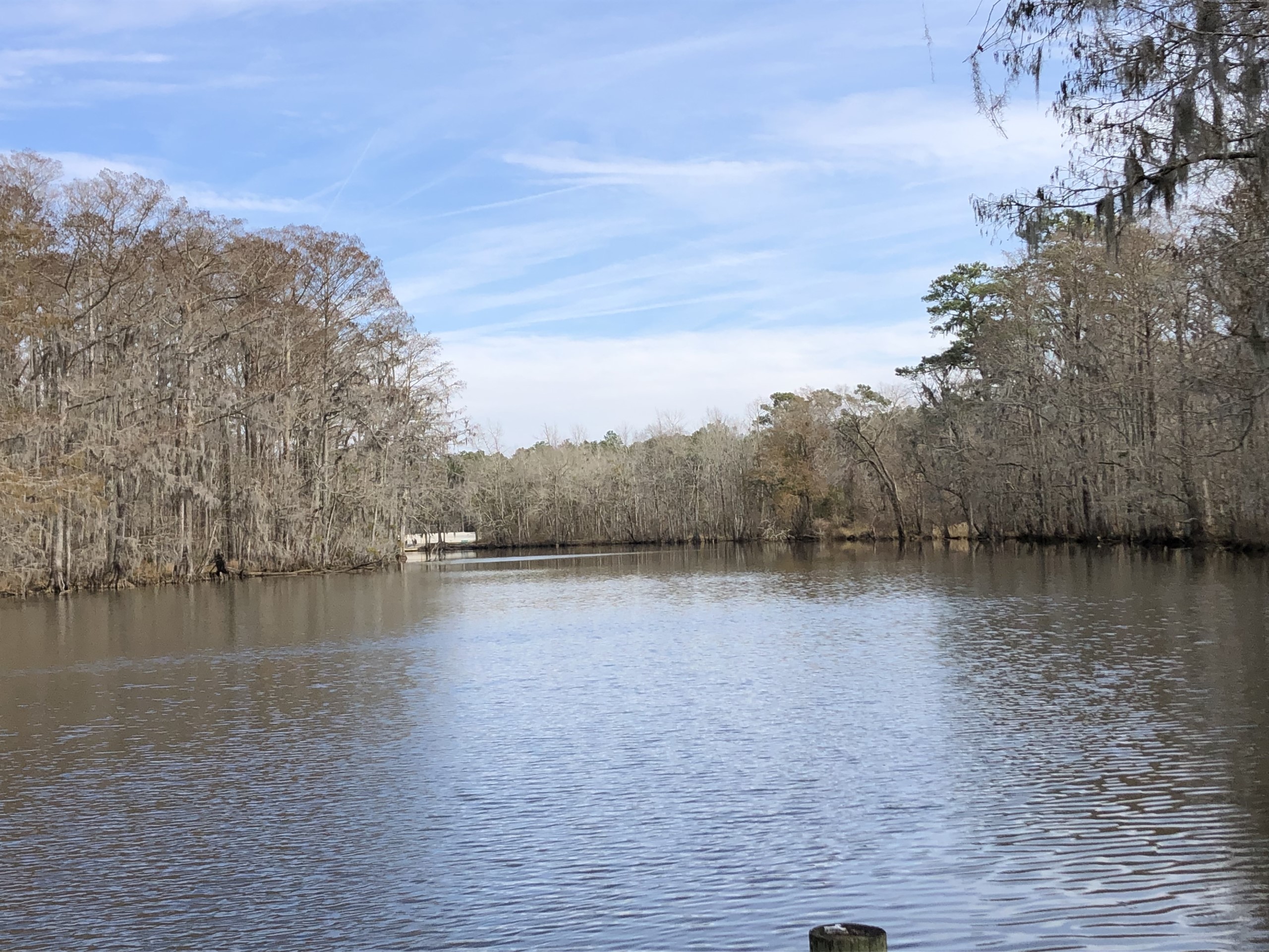 Image of Swift Creek, with a blue sky and some clouds above it, and woods on both sides of the creek.